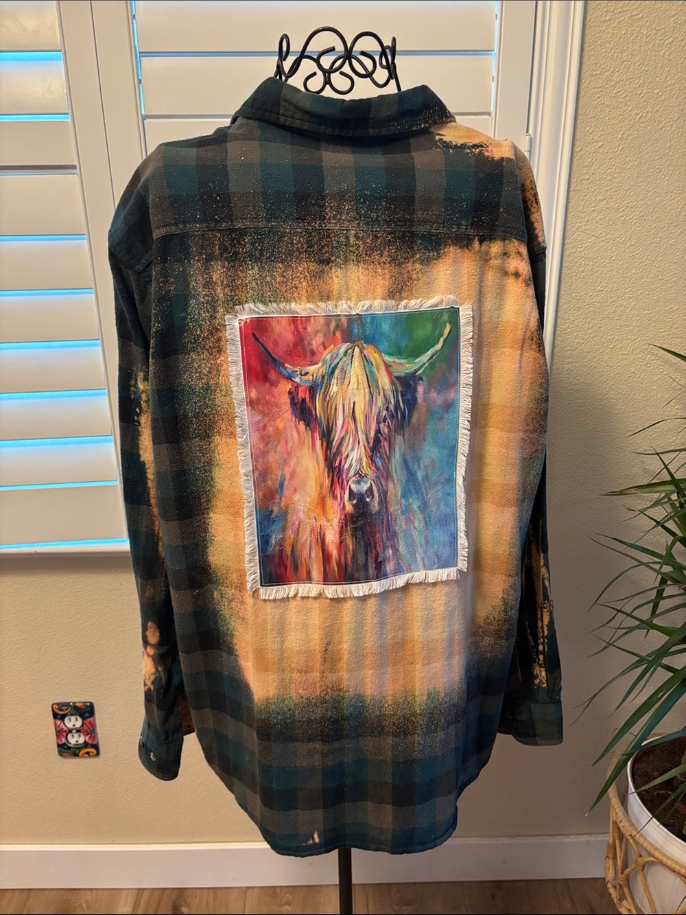 Handmade one of kind distressed flannel with Colorful Highland Cow Patch